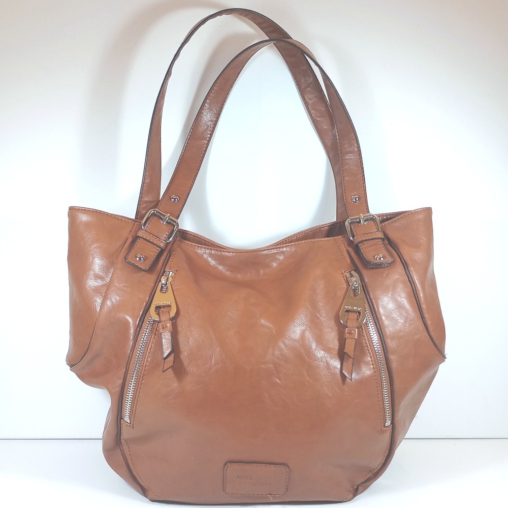 Nine West Tote Bag Medium Brown Excellent Faux Leather Shoulder Handbag Cognac